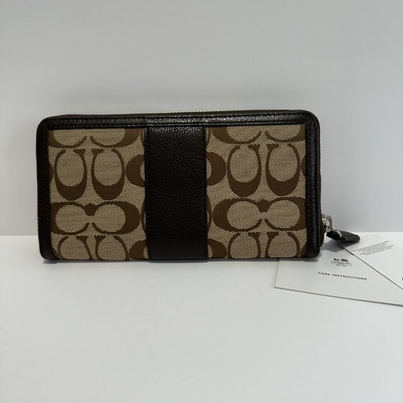 NWT _COACH Leather and Signature Coated Canvas Zip Around Wallet; Khaki/Mahogany - Picture 2 of 6